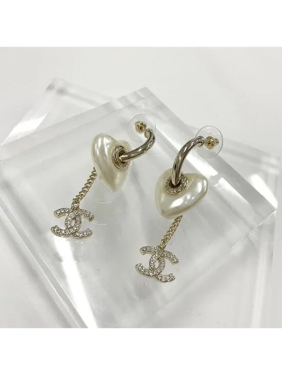 Chanel Earrings Hoop CC Logo Pearl Line Stone Gold - Picture 2 of 9